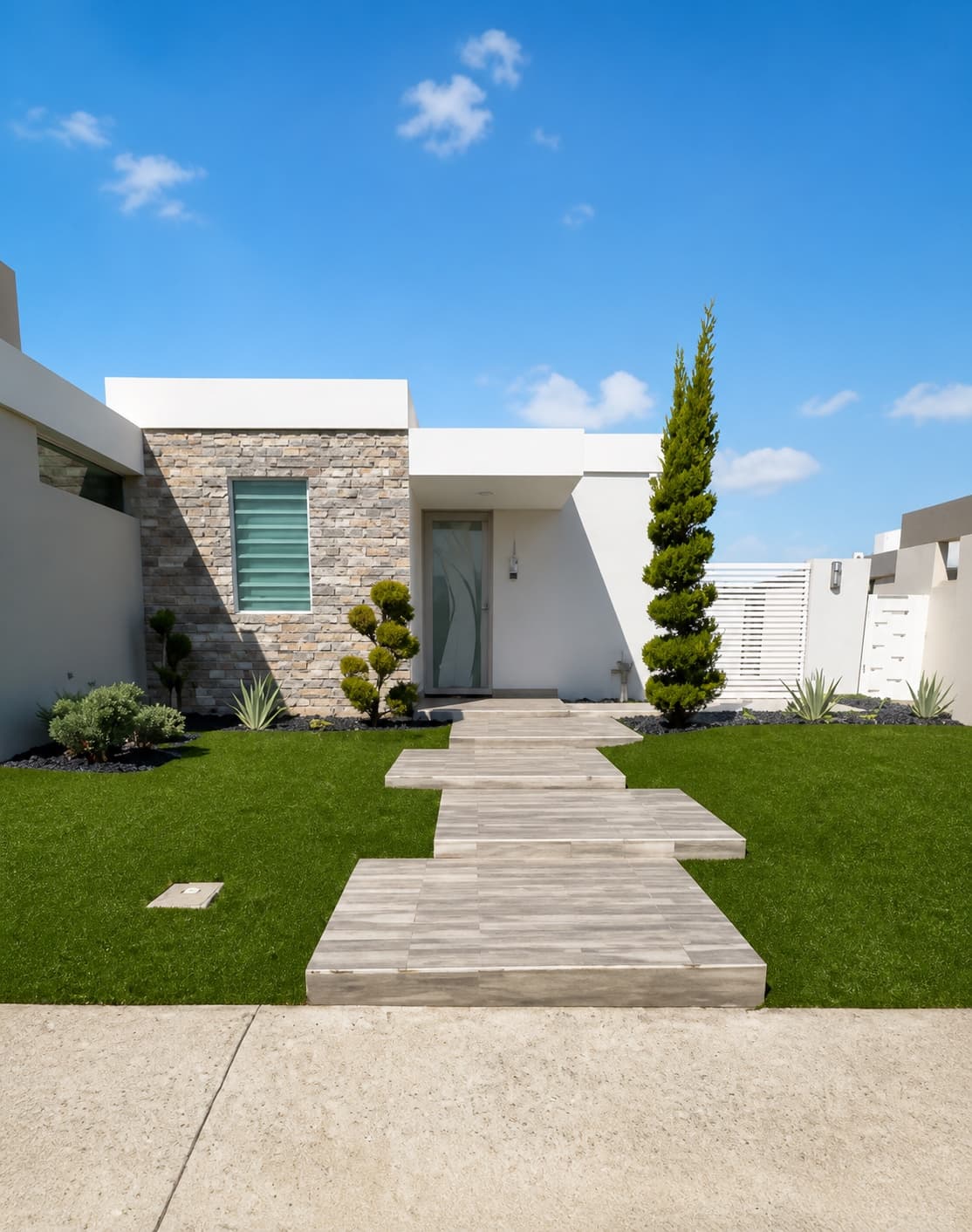 Entrada de residencia con camino y grama artificial